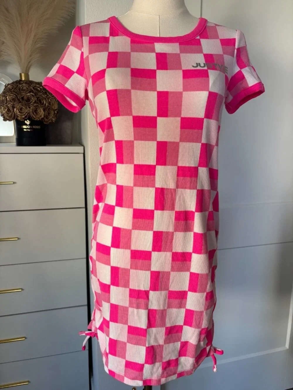 Justice Side-Cinch Shirt Dress Checkered White Pink Girl's Size Large 12/14